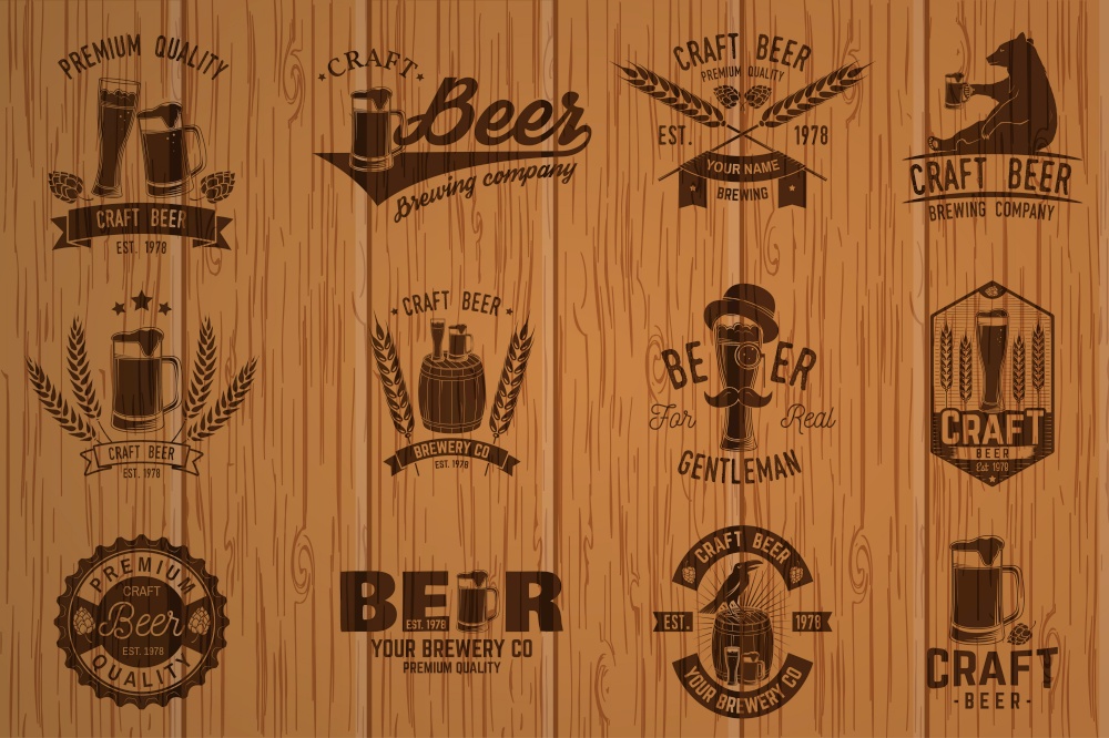 Set of Craft Beer badges. Vector illustration. Vintage design for bar, pub and restaurant business. Photorealistic wood engraved craft beer design.. Vintage design for bar, pub and restaurant business.