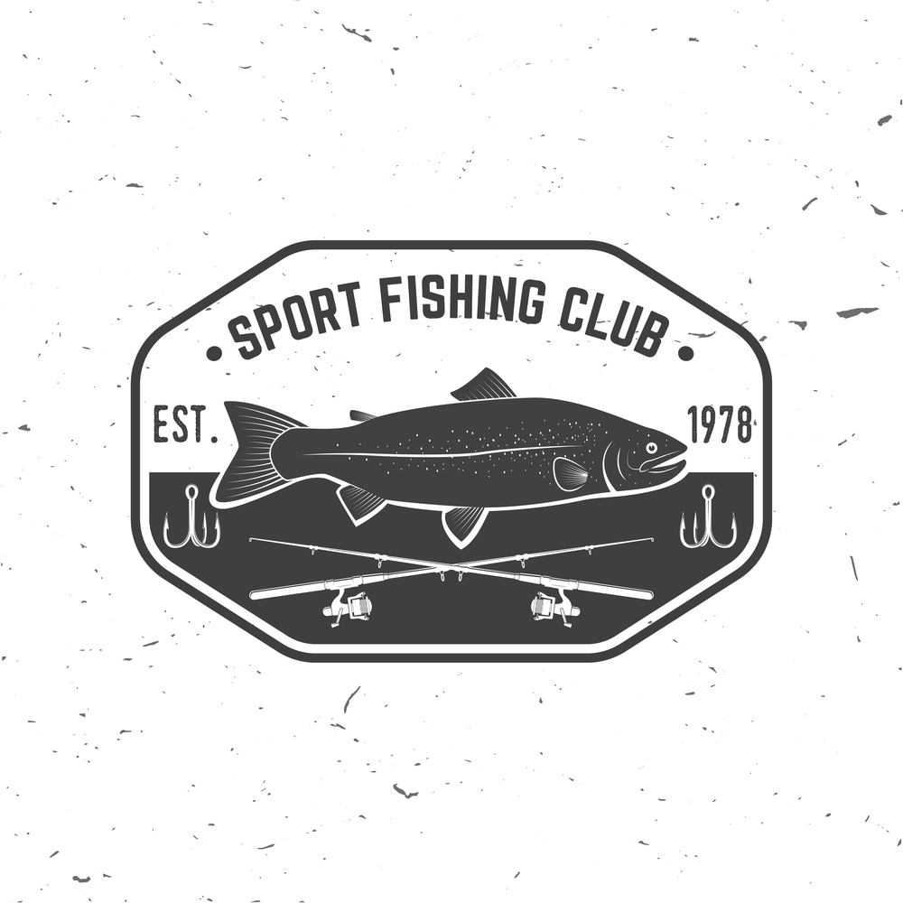 Fishing sport club. Vector illustration. Concept for shirt or logo, print, stamp or tee. Vintage typography design with fish rod and rainbow trout silhouette.. Fishing sport club. Vector illustration.