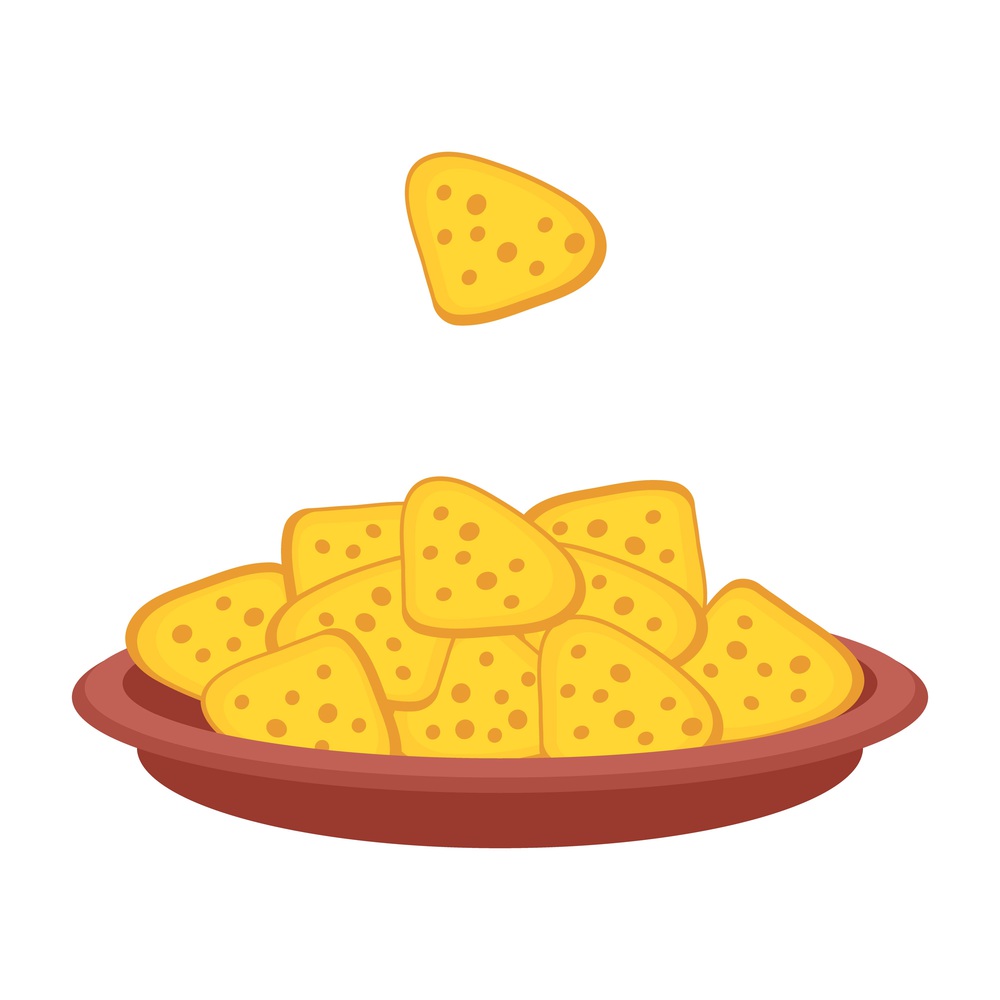 Mexican nachos tortilla chips on plate in simple flat style. Perfect for tee, stickers, menu and logotype. Isolated vector illustration for decor and design.