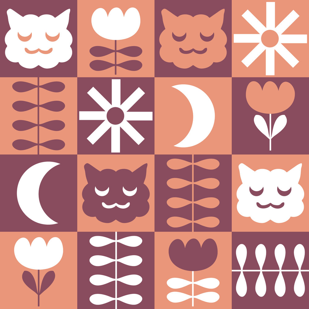 Retro seamless pattern with sleepy cats faces, sun and moon. Geometric checkered print for tee, paper, textile and fabric. Floral vector background for decor and design.