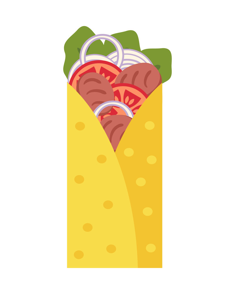 Carne asada mexican fastfood burrito in flat style. Perfect for tee, stickers, menu and stationery. Isolated vector illustration for decor and design.