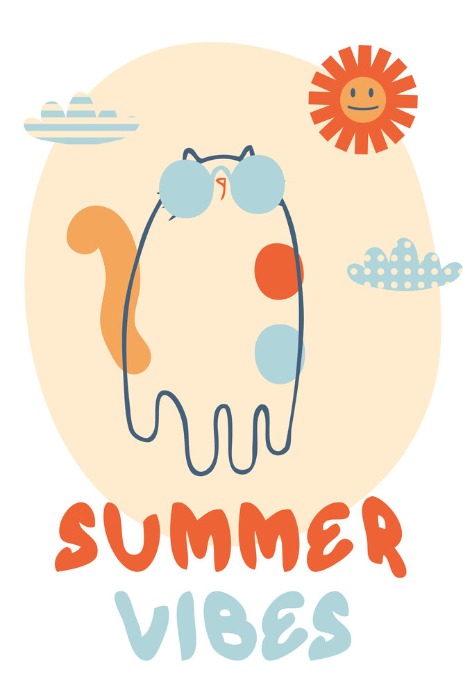 Slogan SUMMER VIBES in retro style with cat in sunglasses. Perfect print for tee, poster, card, sticker. Vector illustration.
