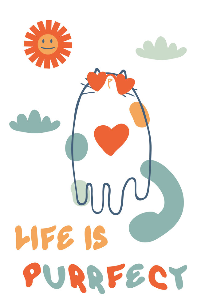 Slogan LIFE IS PURRFECT in retro style with cat in sunglasses. Perfect print for tee, poster, card, sticker. Vector illustration.