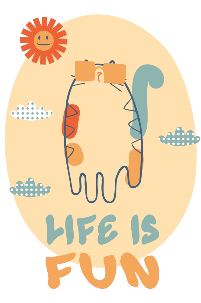 Slogan LIFE IS FUN in retro style with cat in sunglasses. Perfect print for tee, poster, card, sticker. Vector illustration.