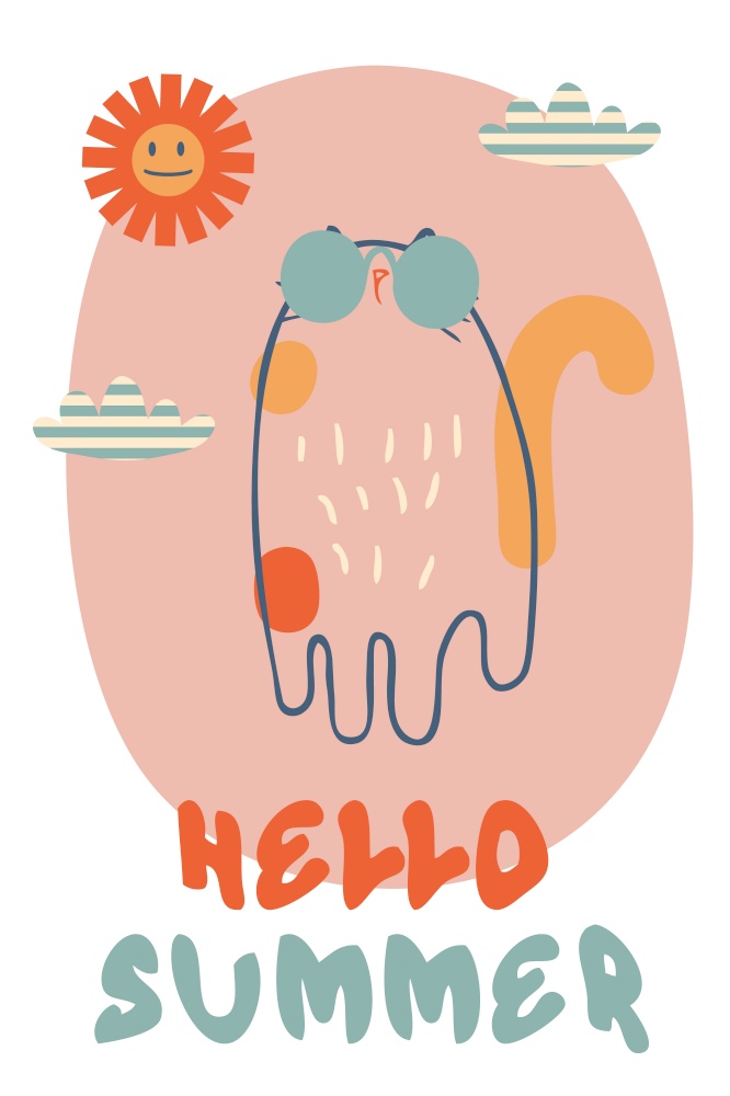 Slogan HELLO SUMMER in retro style with cat in sunglasses. Perfect print for tee, poster, card, sticker. Vector illustration.