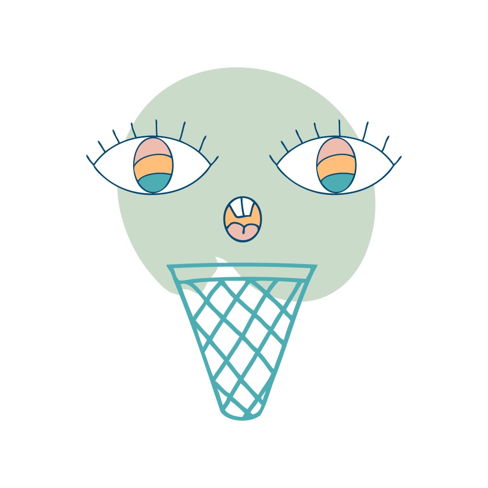 Funny face mint ice cream cone character with doodle eyes in retro style. Perfect print for tee, sticker, poster. Groovy vector illustration for decor and design.
