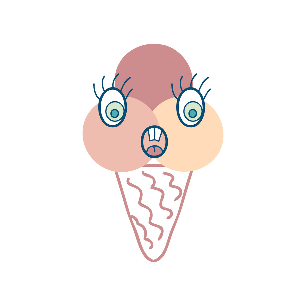 Surprised face three balls ice cream cone character with doodle eyes. Perfect print for tee, sticker, poster. Funny vector illustration for decor and design.