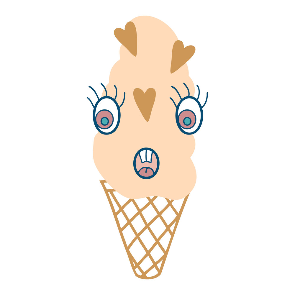 Scared face milk ice cream cone character with chocolate hearts. Perfect print for tee, sticker, poster. Funny vector illustration for decor and design.