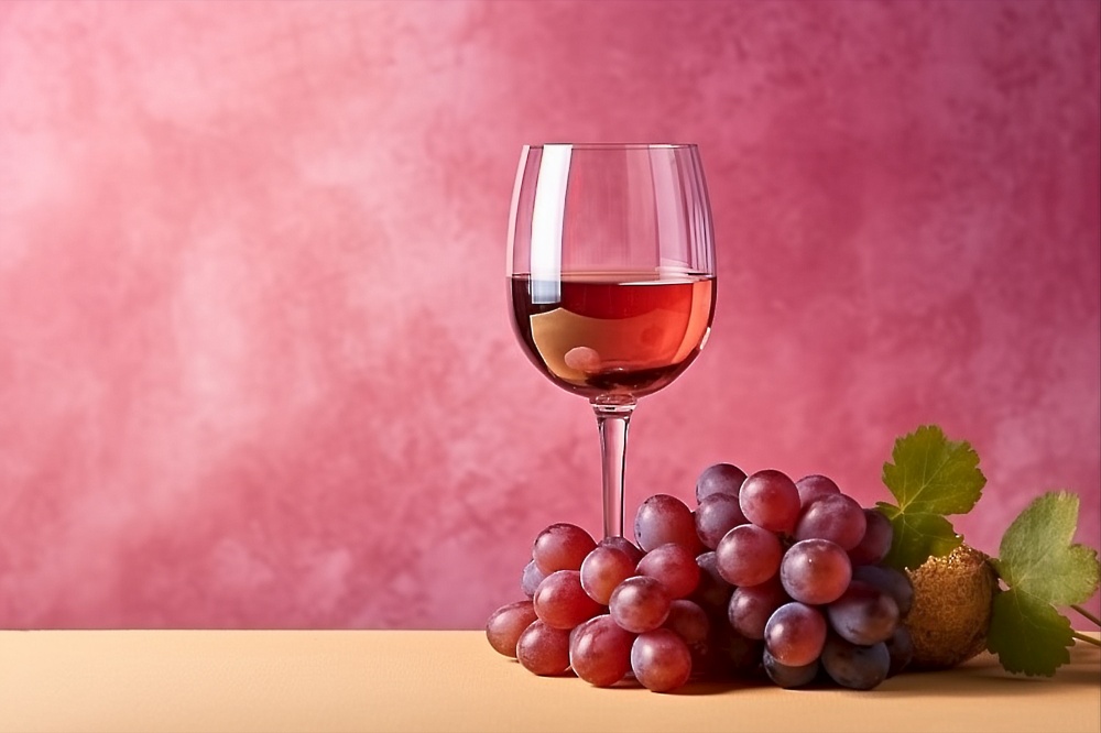 front view glass of wine with grapes on pink wall, AI Generative