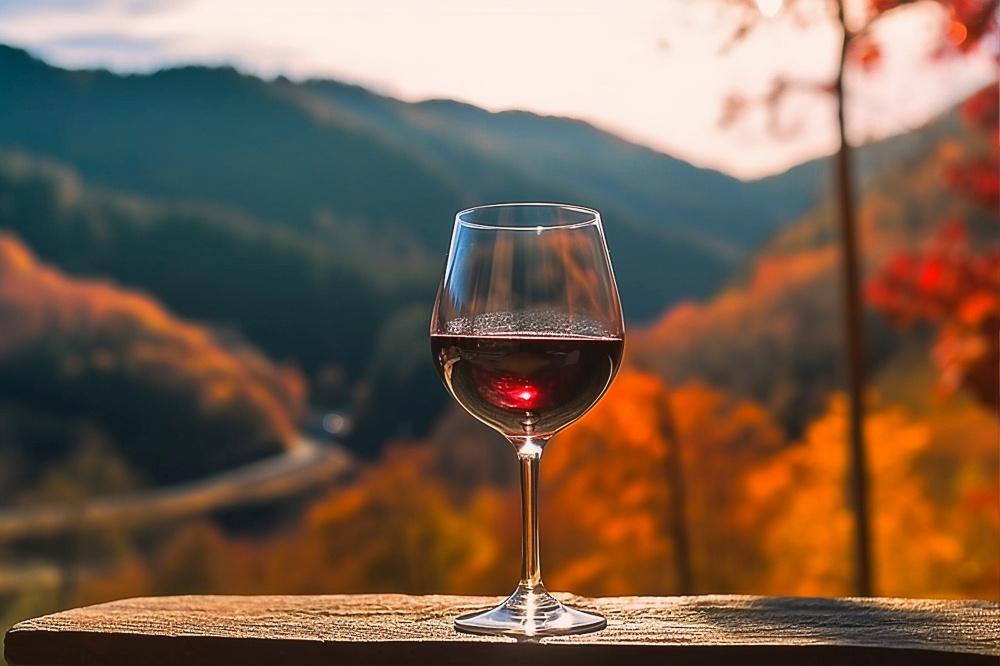 Glass of red wine against mountains background, AI Generative