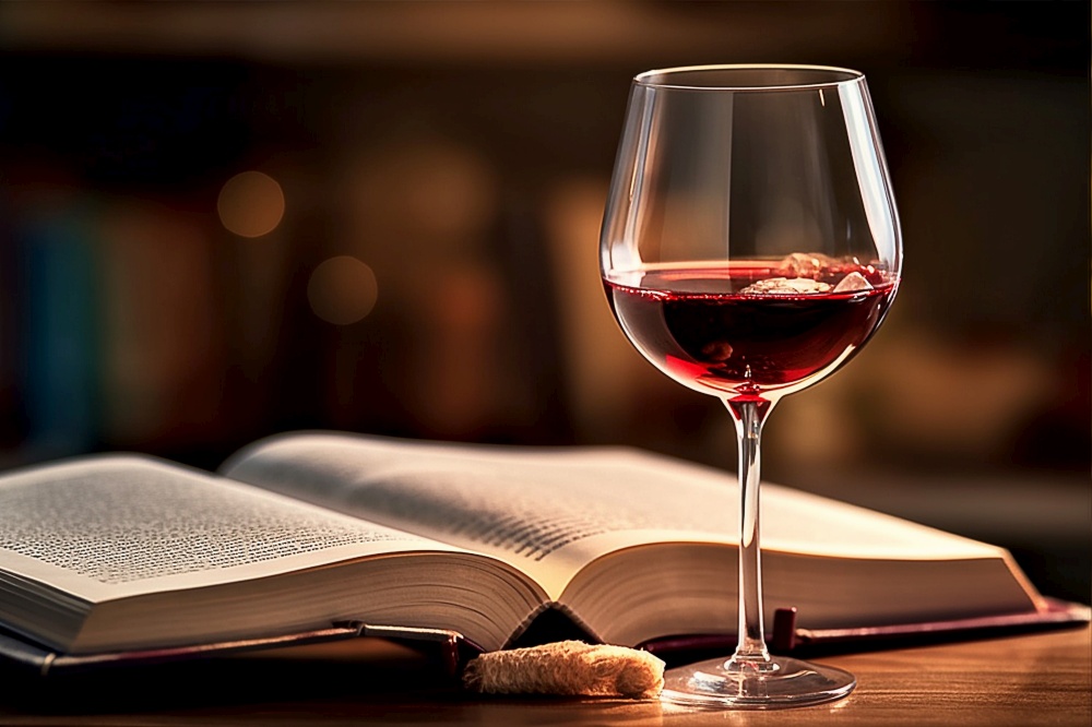 side view of a glass of red wine on book, AI Generative
