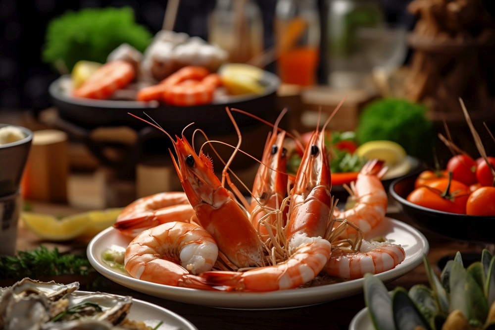 Boiled prawn shrimps on a plate, AI Generative