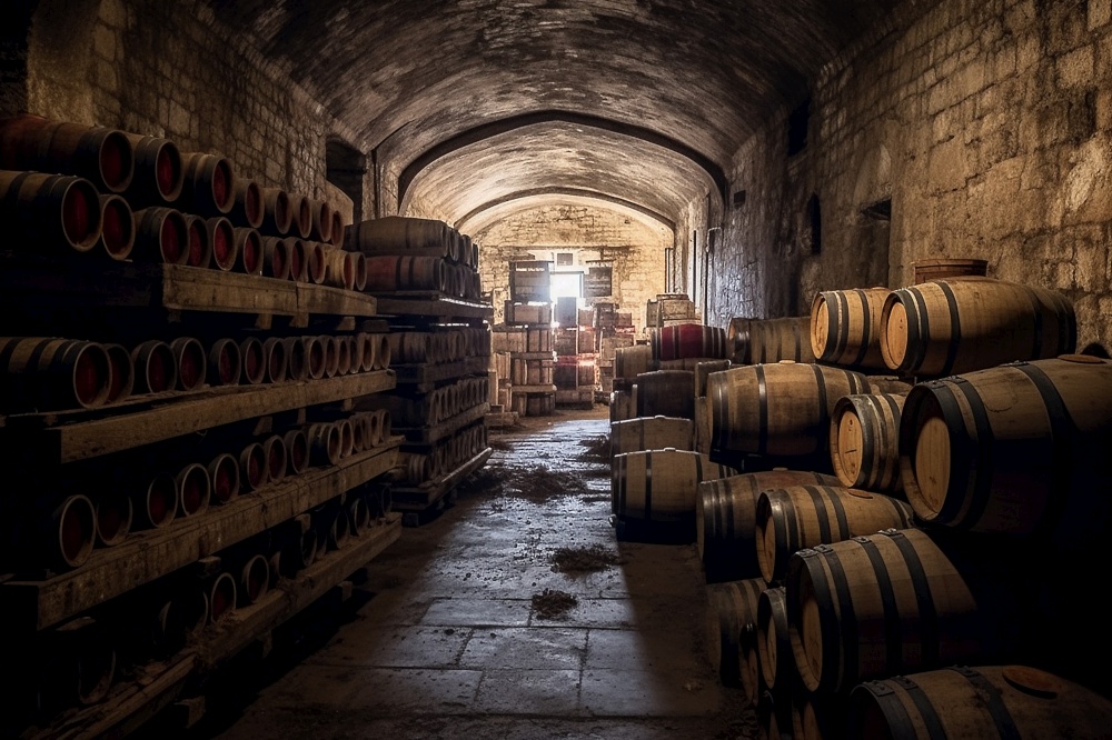 Oak barrels in an old Italian underground wine cellar, AI Generative