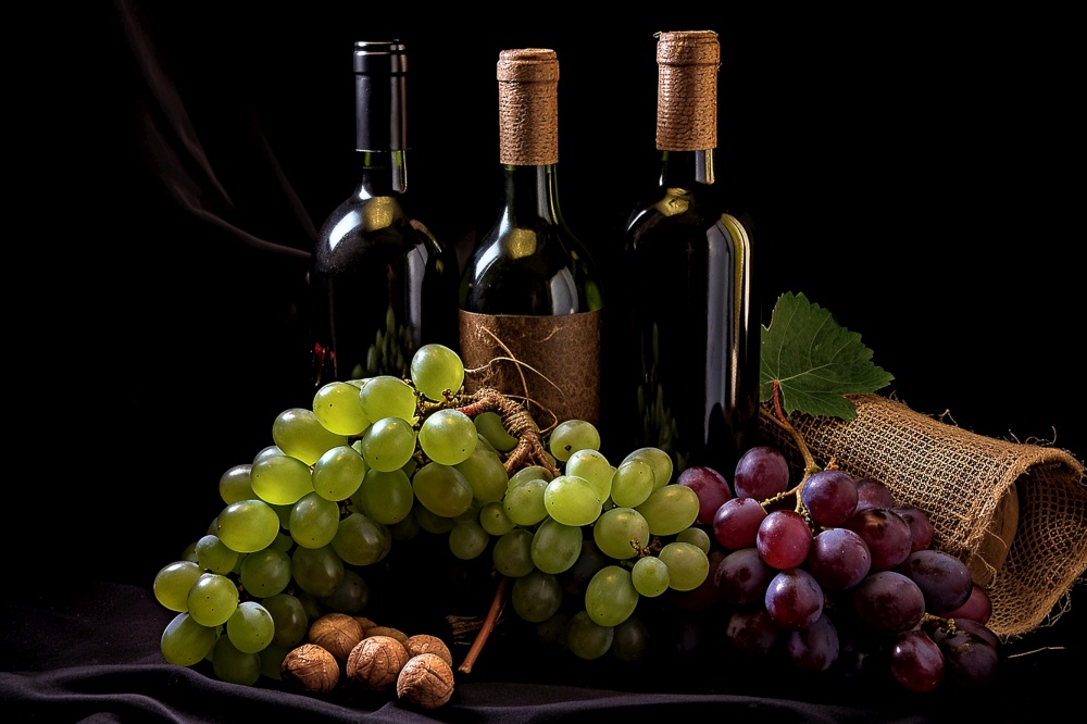 wine bottles and grapes with black background, AI Generative