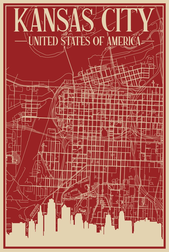 Road network poster of the downtown KANSAS CITY, UNITED STATES OF AMERICA