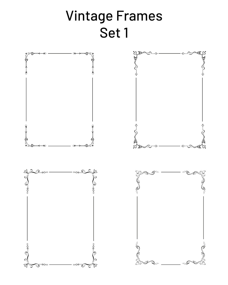 Set of 4 unique retro ornate frames with corner flourishes, collection of exclusive rectangle vignette templates, copy space hand drawn design elements, for pages, blanks, greetings, certificates. Collection of 4 nice retro ornate frames with corner flourishes, set of editable rectangle templates, empty hand drawn vignettes
