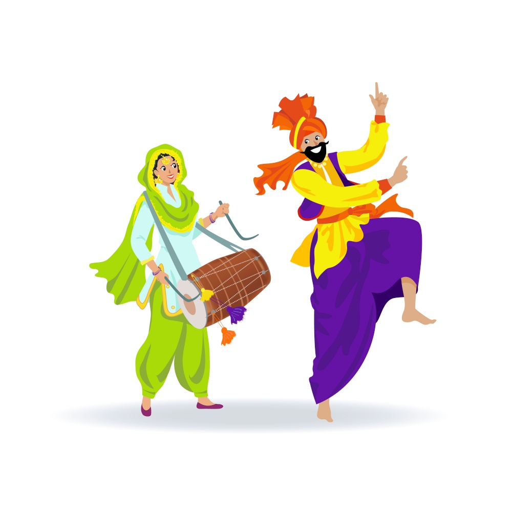 Happy colorful Sikh couple, bearded man in turban dancing bhangra, joyful young lady in green Punjabi suit playing dhol drum at festival, wedding, party. Isolated cartoon characters on white background. Happy colorful Sikh couple, bearded man in turban dancing bhangra, joyful young lady in green Punjabi suit playing dhol drum at festival