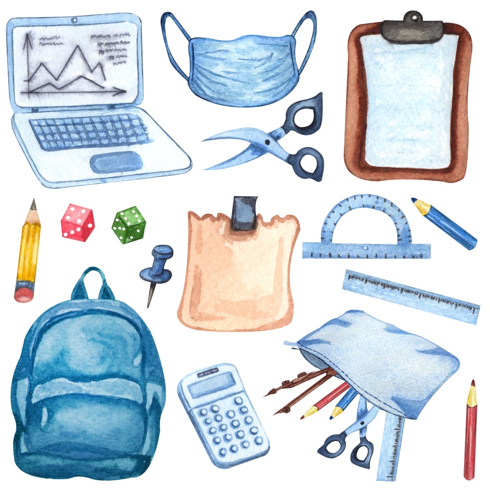 Watercolor education equipment of backpack, microscope, books, laptop, pencils, face mask, calculator, ruller Hand drawn illustration School set. Watercolor education equipment of backpack, microscope, books, laptop, pencils, face mask, calculator, ruller. Hand drawn illustration.