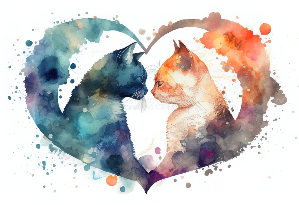 Two cats kissing in the shape of a heart Valentines illustration. AI generative.