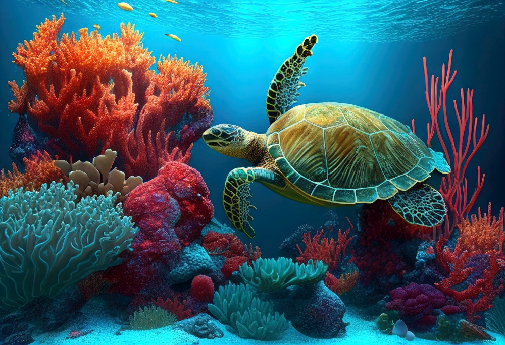 Underwater world. Turtle illustration. AI generative.