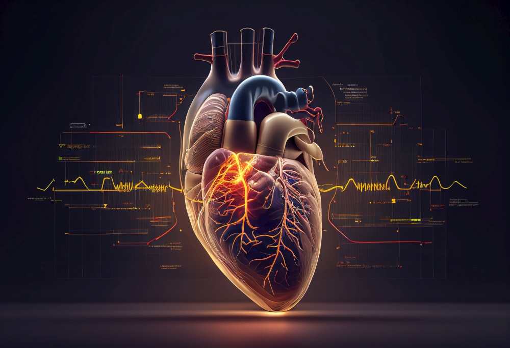 Anatomy of human heart of ecg medical background illustration. AI generative.