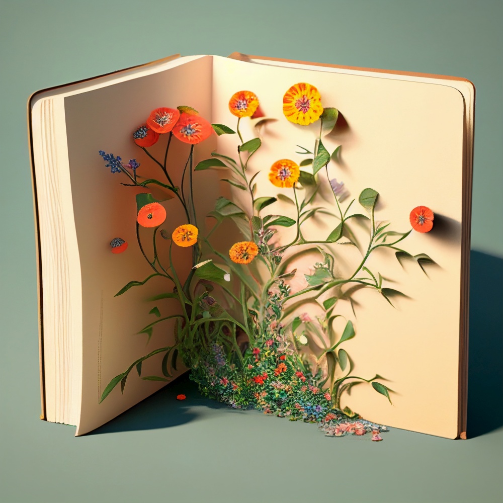Open book and flowers illustration. AI generated.