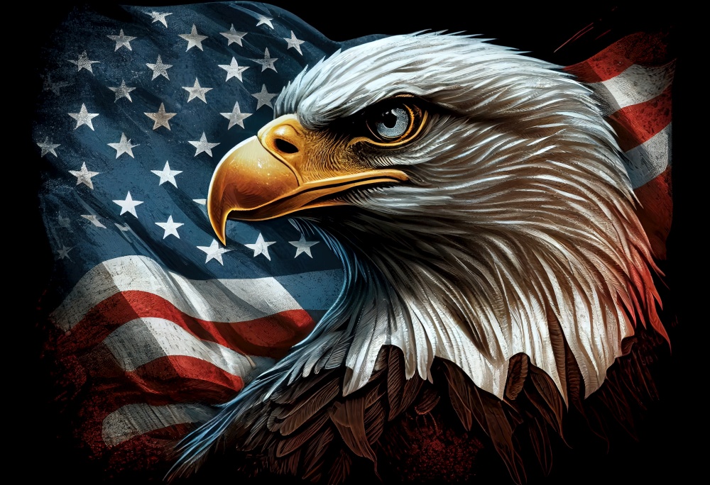 Wavy American flag with an eagleillustration. AI generative.