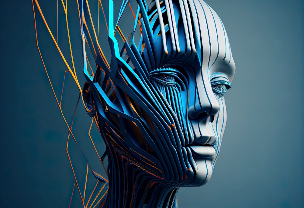 Abstract head with blue lines 3d renderillustration. AI generative.