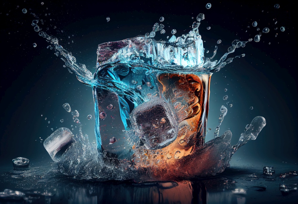 Ice Cubes Fall In Cold Water With Splash illustration. AI generative.