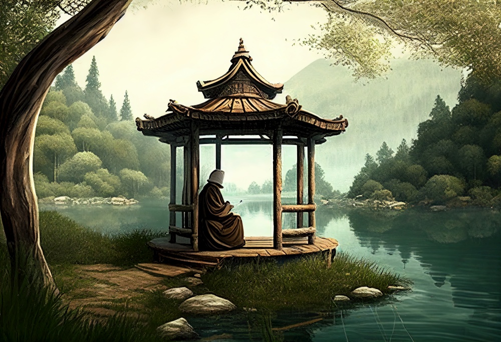Monk in a gazebo on a lake illustration. AI generative.