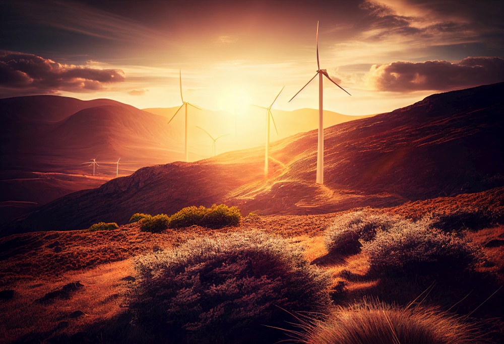 Wind turbines at sunset in rural mountain landscape illustration. AI generative.