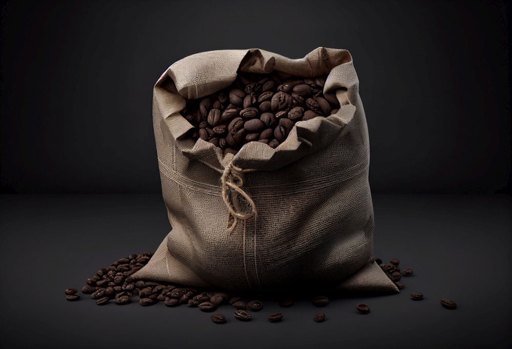 Coffee beans in bag isolated on gray background illustration. Ai genrative.