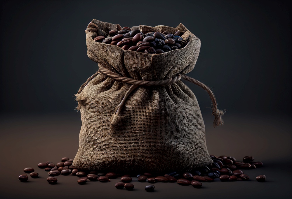 Coffee beans in bag isolated on gray background illustration. Ai genrative.