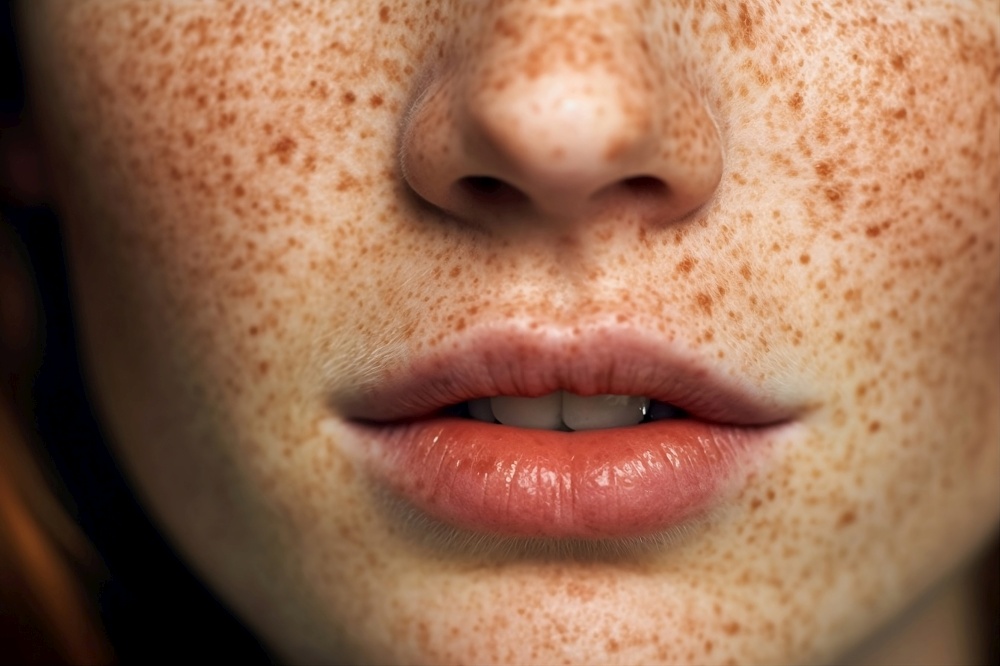 Lots of freckles on the face of a young woman, generative ai