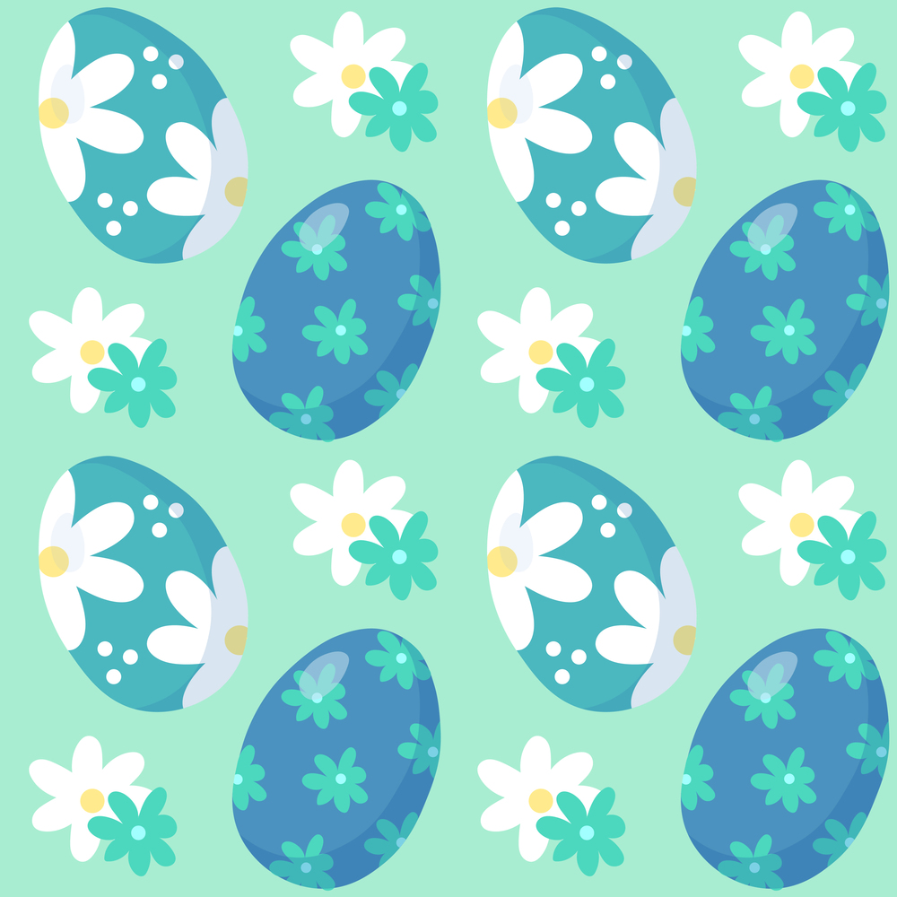 Pattern seamless with blue easter eggs and flowers