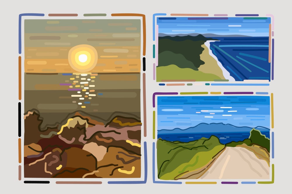 Set of three landscapes with simple frames Vector Image