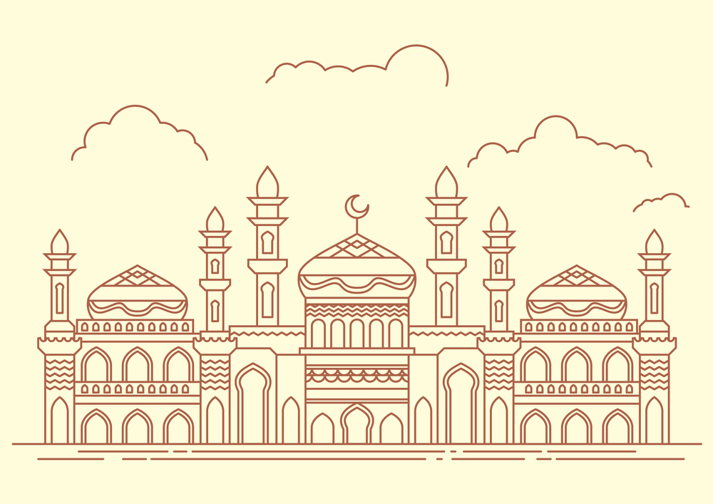Huge mosque architecture design line art drawing Vector Image