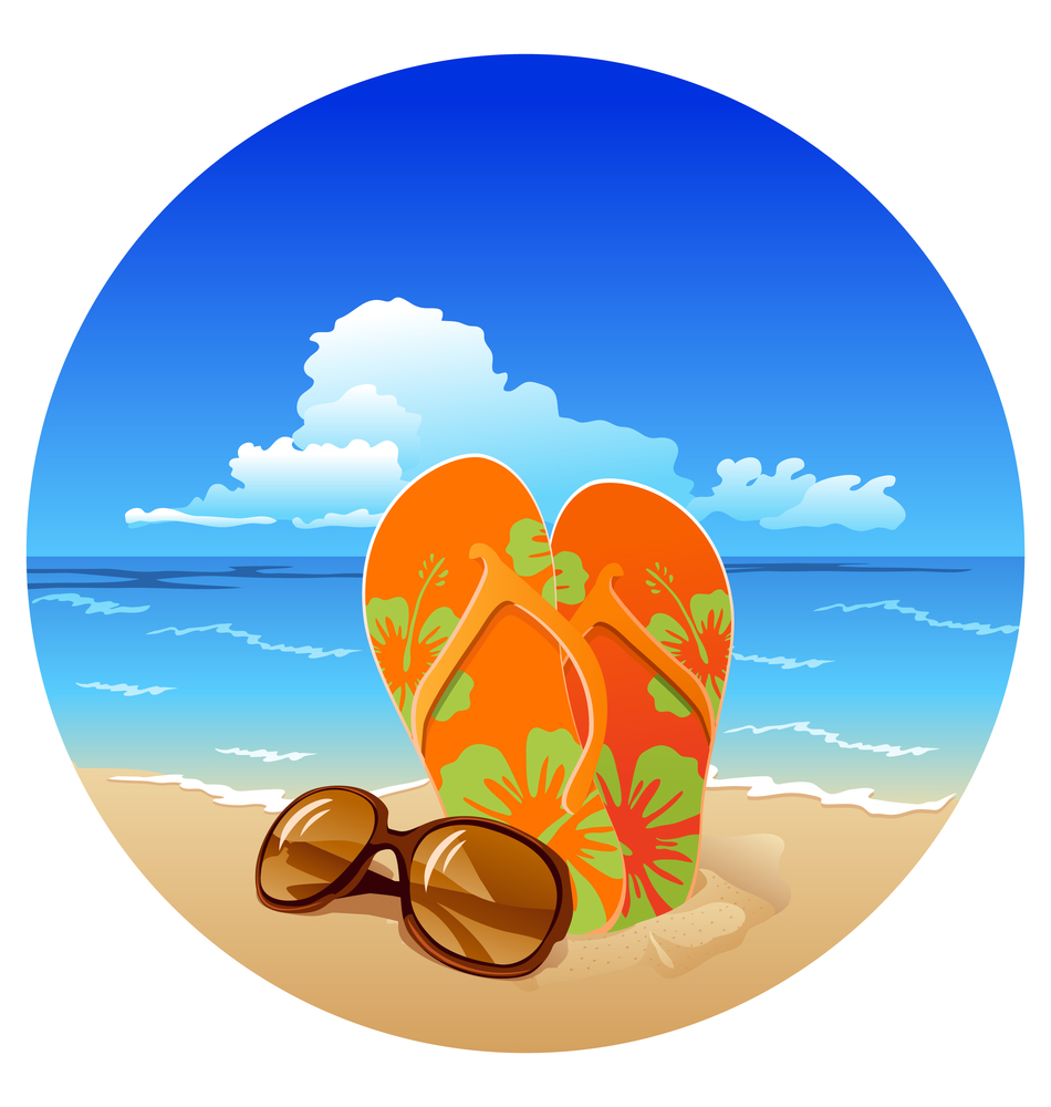 Pair of flip flops and sunglasses on the beach vector image