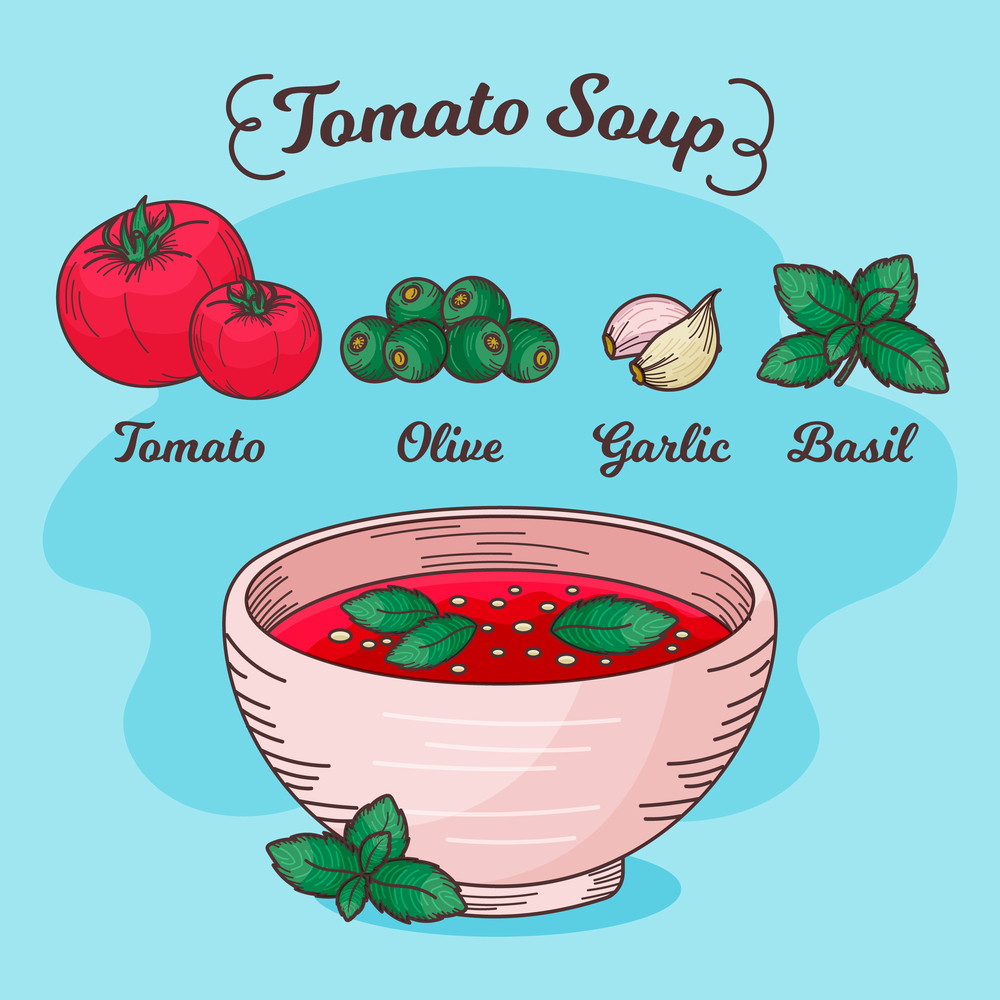 Hand drawn of tomato soup delicious recipe