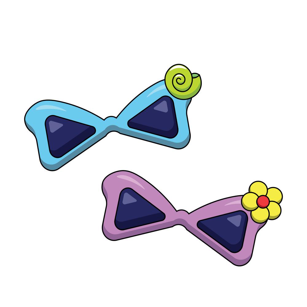 Two cartoon sunglasses with a shell and a flower in color