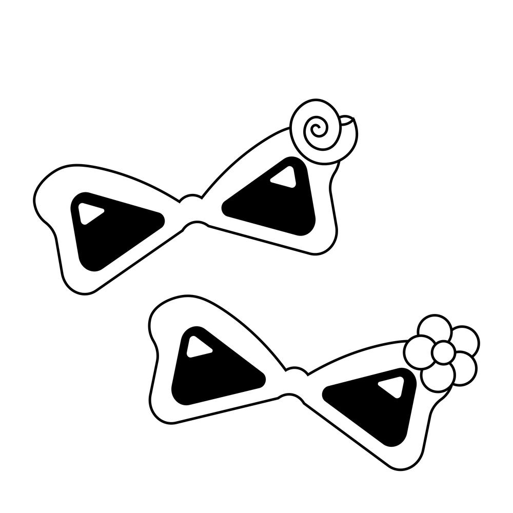 Two cartoon sunglasses with a shell and a flower in black and white