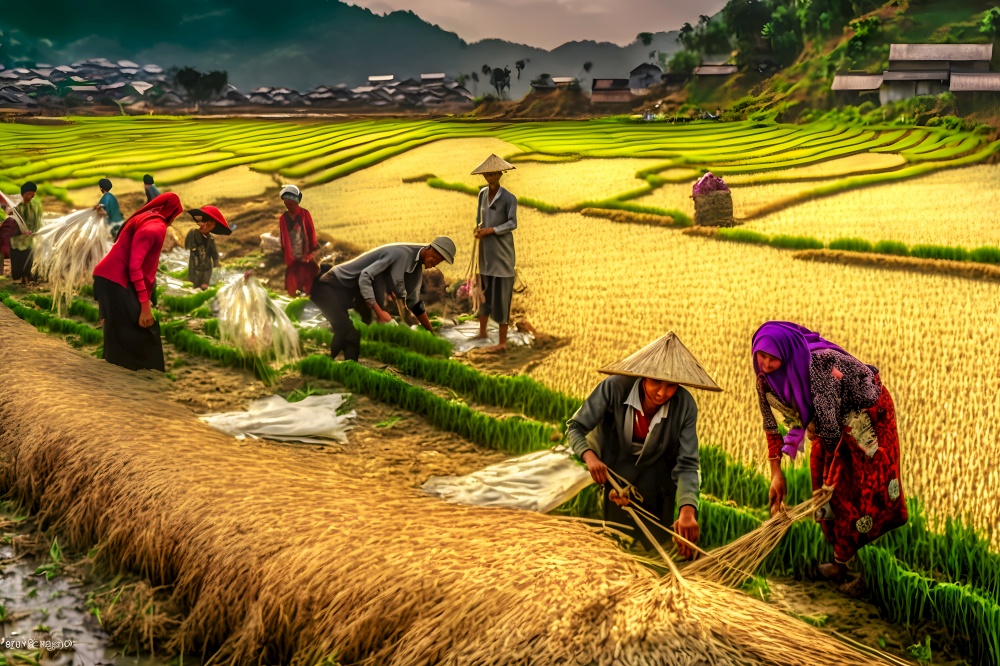 Farmers are planting rice in the farm. Farmers bend to grow rice.Agriculture in asia. Cultivation using people. Neural network AI generated art. Farmers are planting rice in the farm. Farmers bend to grow rice.Agriculture in asia. Cultivation using people. Neural network AI generated