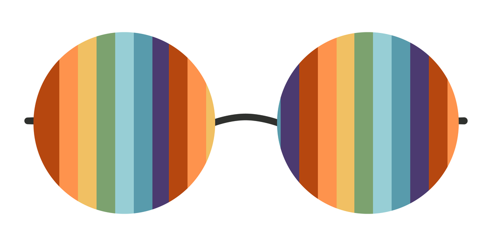 Flat vector hippy boho round shaped sunglasses illustration. Hand drawn retro groovy elements. Clipart elements isolated on white background