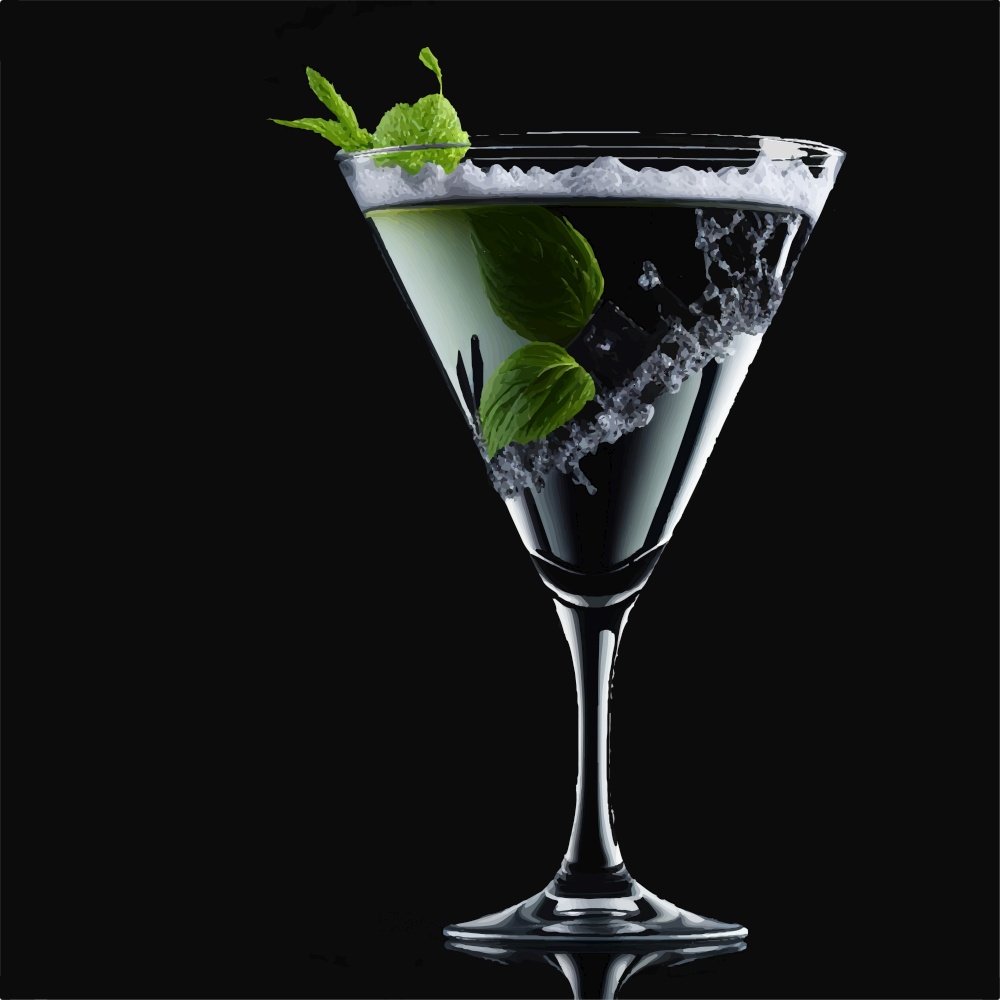 Transparent vector glass with Martini and olive 3D render. realistic martini cocktail with mint leaves in transparent glass
