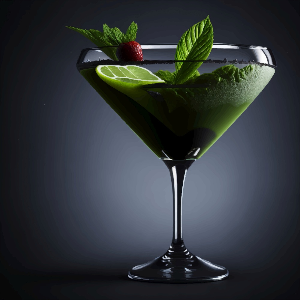 Transparent vector glass with Martini and olive 3D render. realistic martini cocktail with mint leaves in transparent glass