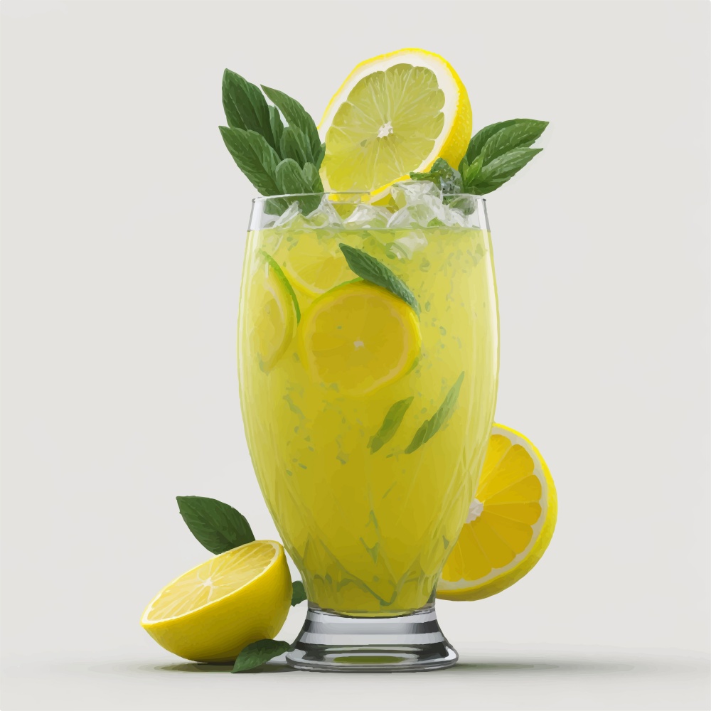 Glass of coctail with fresh cut yellow Fresh lemons Fruit and mint leaf vector illustration. Glass of lemonade with fresh cut yellow Fresh lemons Fruit and mint leaf vector illustration