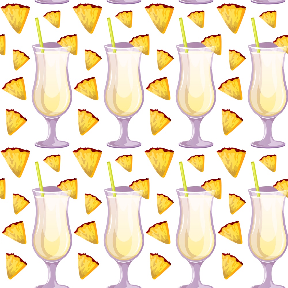 Seamless pattern Pina Colada classic cocktail with pineapple. Italian aperitif cocktails. Alcoholic beverage for drinks bar menu. Beach Holidays, summer vacation, party, cafe bar, recreation.