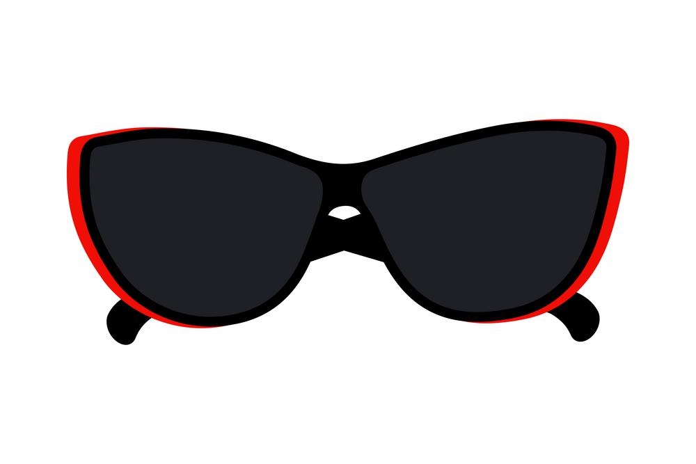Abstract image of sunglasses with dark lenses in black and red frame. Hello summer. Sunglasses day. Design element for advertising promotion, greeting or invitation card, price or label, brochure. EPS