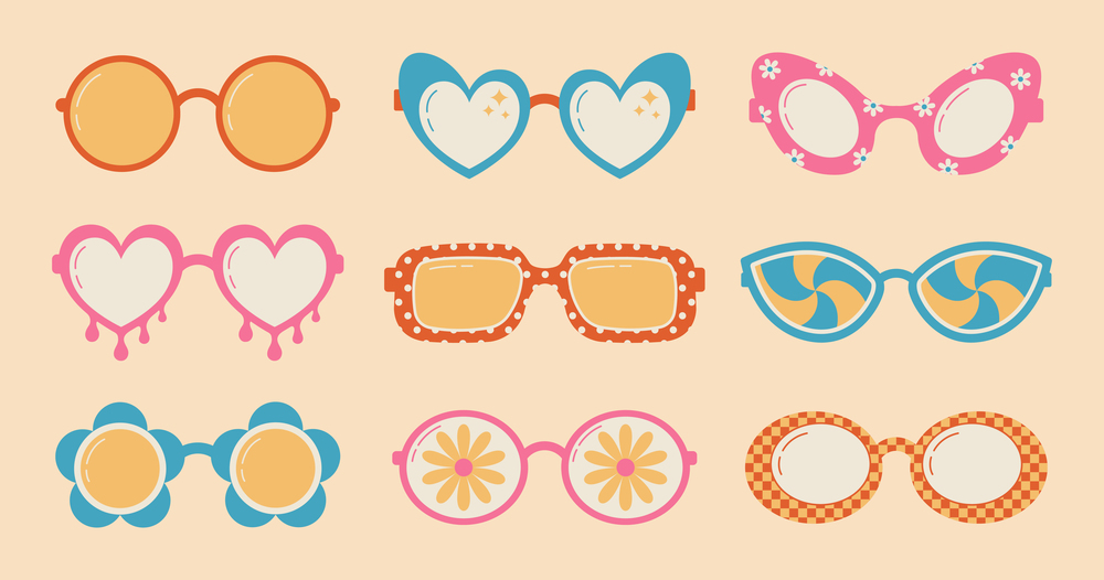 Collection of groovy hippie sunglasses in flat style. Cartoon abstract psychedelic retro glasses. Vector illustration.
