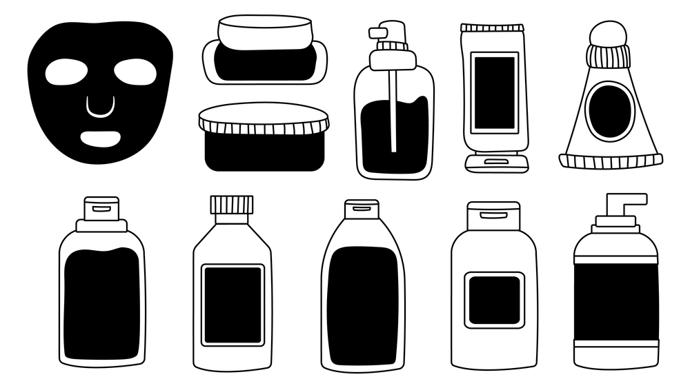 A set of bottles and tubes of cosmetics, jars for skin care with face, hair and body cream. Trendy style for postcard, banner, wrapping paper template. Vector illustration editable stroke.  A set of bottles and tubes of cosmetics, jars for skin care with face, hair and body cream. Trendy style for postcard, banner, wrapping paper template. Vector illustration editable stroke.